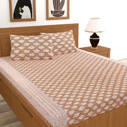 MORADO Brown & Off White Ethnic Motifs 210 TC Queen Bedsheet with 2 Pillow Covers-image-106