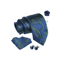 AXLON Set Of 4 Printed Necktie Pocket Square With Cufflink & Flower Pin Accessory Gift Set image 5