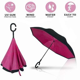 vyom trading Reverse Inverted Windproof Upside Down Umbrellas with C-Shaped Handle for Women and Men - Double Layer Inside Out Folding Umbrella [Multi Color] image 2