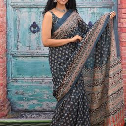 clothonus Ajrak Printed Mulmul Cotton Block Print Saree image 2