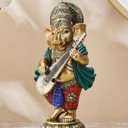 Home Centre Alpana Gold-Toned & Red Lord Ganesha With Dholak Figurine Showpiece-17