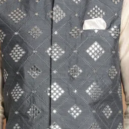 VASTRAMAY Men Grey  Layered Mirror Work Kurta with Pyjama And Nehru Jacket image 5