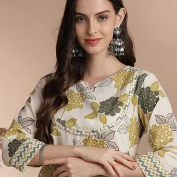 Anouk Off White Floral Printed Gotta Patti Detail Pure Cotton Straight Kurta With Trouser-picture-33