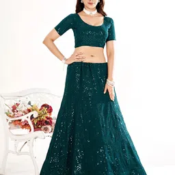 SHOPGARB Embroidered Sequinned Semi-Stitched Lehenga & Unstitched Blouse With Dupatta image 2