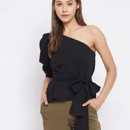 WineRed Black One Shoulder Crepe Cinched Waist Top-image-9