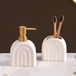 Nestasia White 2 Pieces Textured Ceramic Soap Dispenser With Toothbrush Holder-14