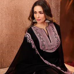 Inddus Women Black Ethnic Motifs Thread Work Kurta with Sharara & With Dupatta-image-75