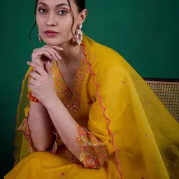 Sangria Zari & Sequence Embroidered V-Neck Kurta With Trousers & Dupatta image 2