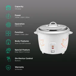USHA RC18SS2 1.8 Litre Electric Rice Cooker with Keep Warm Function (White) image 3