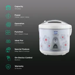 KENT Delight 1.8 Litre Electric Rice Cooker with Keep Warm Function (White) image 3