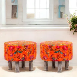 Ikiriya 2-Pcs Orange Colored & Brown Embroidered Round Ottomans-4