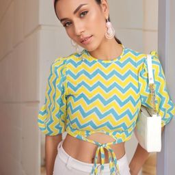 DressBerry Geometric Checked Puff Sleeves Crop Top-image-20