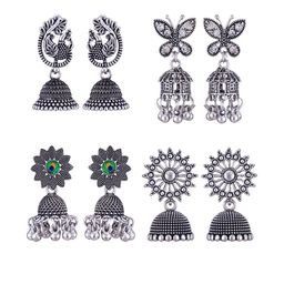 Sangria Set of 4 Silver-Plated Dome Shaped Oxidised Jhumkas-43