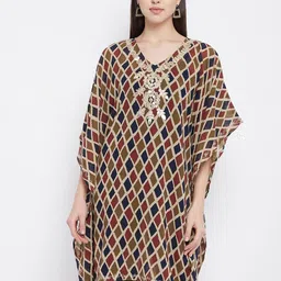 Ruhaans Geometric Embroidered Kimono Sleeve Georgette Kaftan Longline Top-picture-5