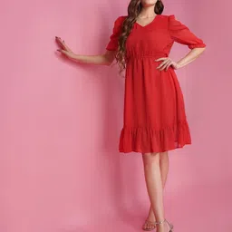 HERE&NOW Women Solid Chiffon Fit and Flare Knee Length Dress-image-6