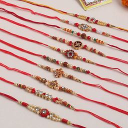 Sangria Set Of 10 Stones Studded & Beaded Thread Rakhis With Roli Chawal Chandan & Mishri-image-91