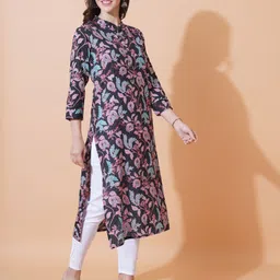 FebQ Floral Printed Mandarin Collar Thread Work Pure Cotton Straight Kurta-40
