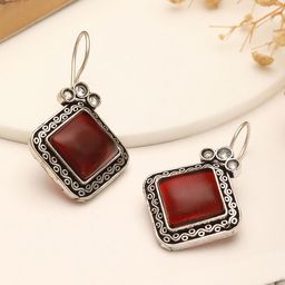 Saraf RS Jewellery Rhodium Plated Artificial Stones Studded Oxidised Square Drop Earrings-0
