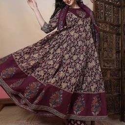 KIMAYRA Women Burgundy Pure Cotton Kurta Sets-12