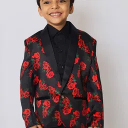 Funny Bones Boys Satin Rose Printed Tuxedo Blazer-image-82