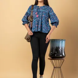 KALINI Women Floral Print Tie-Up Neck Puff Sleeve Cotton Cinched Waist Top-image-15