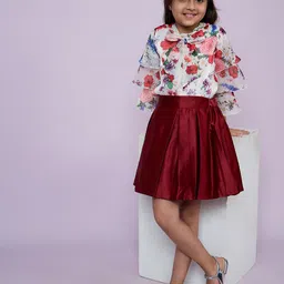 Peppermint Girls Floral Printed Shirt Collar Top With Skirt-57