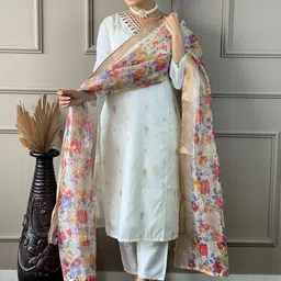 KALINI Women Floral Embroidered Regular Thread Work Chanderi Silk Kurta with Trousers & With Dupatta-image-56