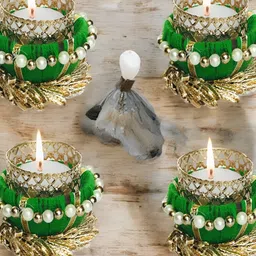 GADINFASHION Green & Gold-Toned 4 Pieces Textured Tealight Candle Holders-3