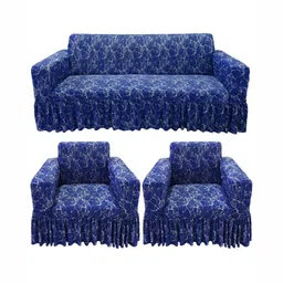 GIFTS ISLAND Navy Blue & White Printed Polyester 5 Piece Sofa Cover With Arms-image-89