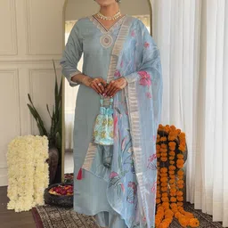 PARNAVI Aarya Floral Yoke Design Thread Work V-Neck Straight Kurta With Trouser & Dupatta-26