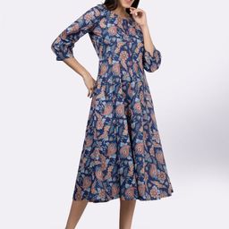 Saffron Threads Women Pure Cotton Floral Printed Bishop Sleeve A-Line Midi Dress-image-26