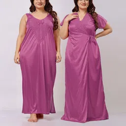 NIGHT KEYS Women Floral Embroidered Satin Nighty With Robe-picture-43