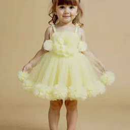 Lagorii Girls Lemon Sleeveless And Floral Embelllished Net Frock-image-79