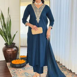 KAUTIK FABRICS Women Ethnic Motifs Embroidered Sequinned Kurta With Trousers & Dupatta-picture-1
