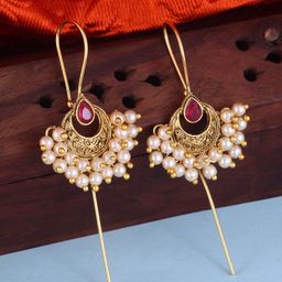 Vighnaharta Gold-Plated Cubic Zirconia Studded & Pearls Beaded Crescent Shaped Ear Cuff-image-39