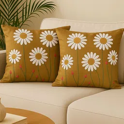 MFD HOME FURNISHING Camel Brown & White Set of 2 Floral Square Cushion Covers-picture-35