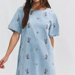 NEXT Pure Cotton Floral Print Denim T-shirt Dress-picture-38