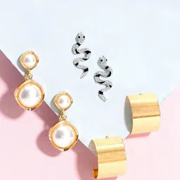 Rubans Set Of 3 Contemporary 18K Gold & Rhodium Plated Earring with Pearl and Snake Motifs-17