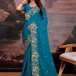 NANDKASHI Ethnic Motifs Embroidered Sequinned Satin Saree-picture-22