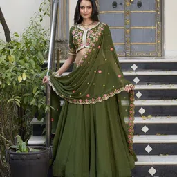 LOOKNBOOK ART Embroidered Thread Work Ready to Wear Lehenga & Unstitched Blouse With Dupatta-picture-16