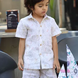 Funny Bones Clothings Boys Arbor Essence Printed Linen Shirt With Shorts-image-83