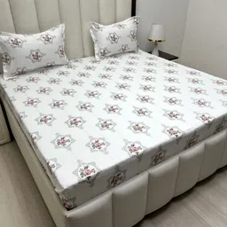 Pure Decor White & Pink Floral 330 TC Queen Bedsheet with 2 Pillow Covers-picture-32