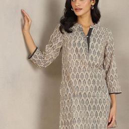 Fabindia Ethnic Motifs Printed Thread Work Mandarin Collar Pure Cotton Short Kurti-image-9