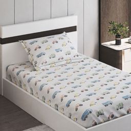 Home Centre Slate Kids White & Blue Printed Cotton 150TC Single Bedsheet Set 2.28 x 1.52m-image-83