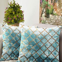 Blue Grass Sea Green And Gold 2 Pieces Abstract Printed Velvet Square Cushion Covers-image-34