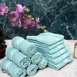 Aura Green & White 12 Pieces Striped Pure Cotton 150 GSM Hand Towels-12
