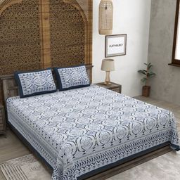 CLOTHOLOGY Navy Blue & White 180 TC King Bedsheet with 2 Pillow Covers-image-67