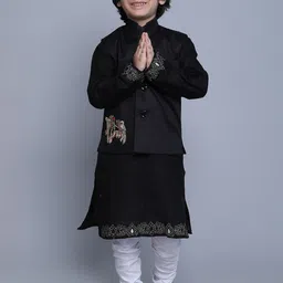 Little Clothings Boys Floral Embroidered Regular Thread Work Linen Kurta with Churidar-picture-17