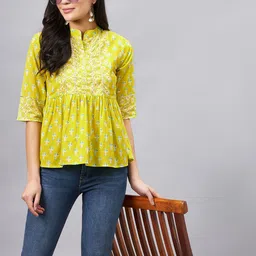 WineRed Printed Cotton Mandarin Collar Cotton Top-image-20