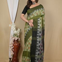 PuJoy Checked Pure Cotton Handloom Taant Saree-image-79